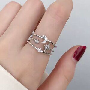 Silver Star and Moon Diamond Adjustable Ring